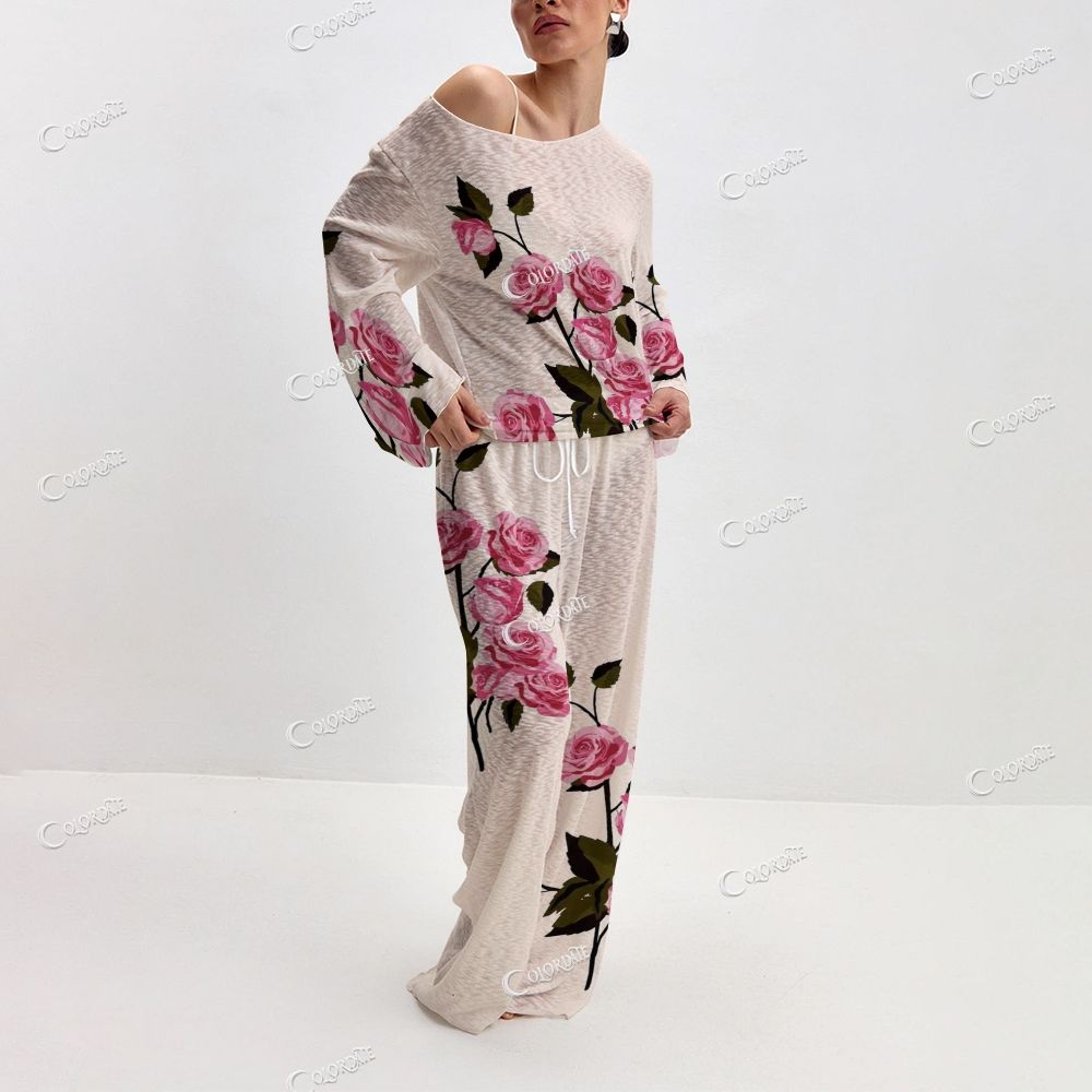 Women's Rose Print Long Sleeve Cotton Homewear Set