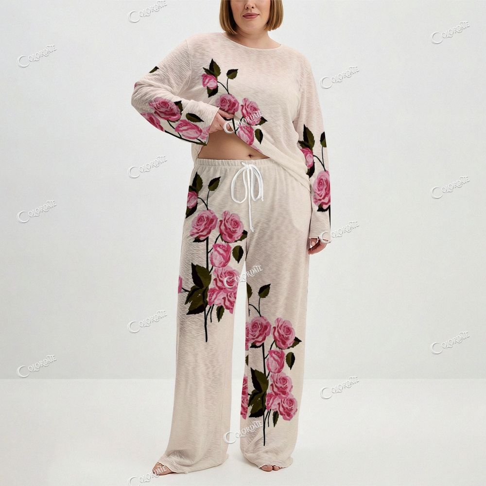 Women's Rose Print Long Sleeve Cotton Homewear Set