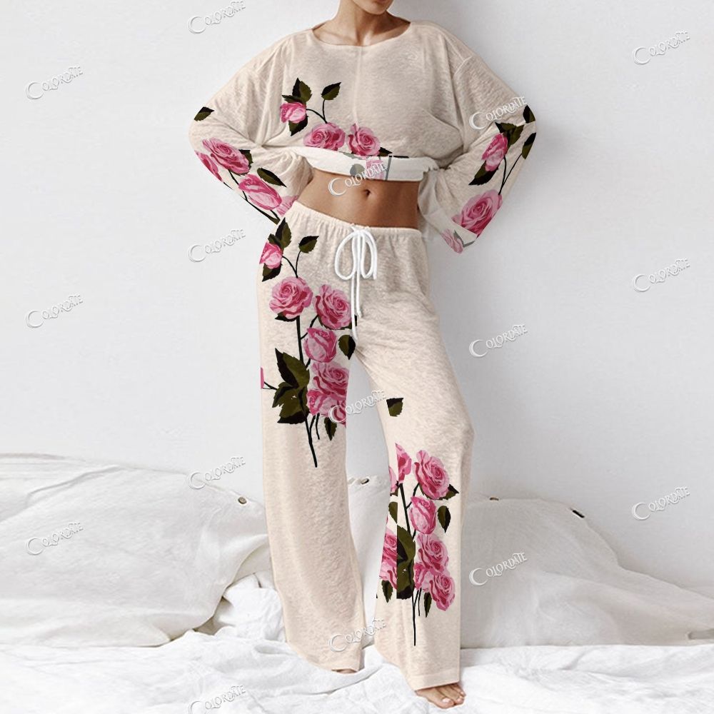 Women's Rose Print Long Sleeve Cotton Homewear Set