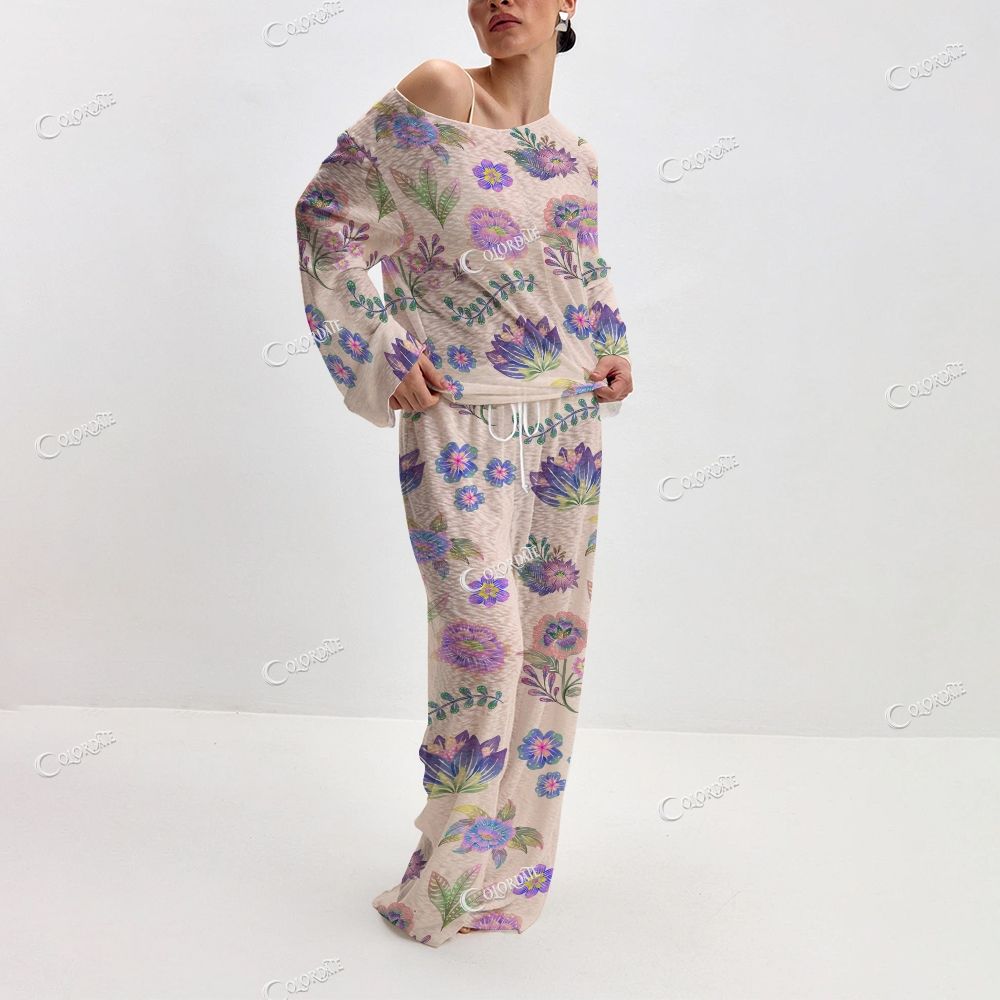 Women's Pastel Floral Print Long Sleeve Cotton Homewear Set