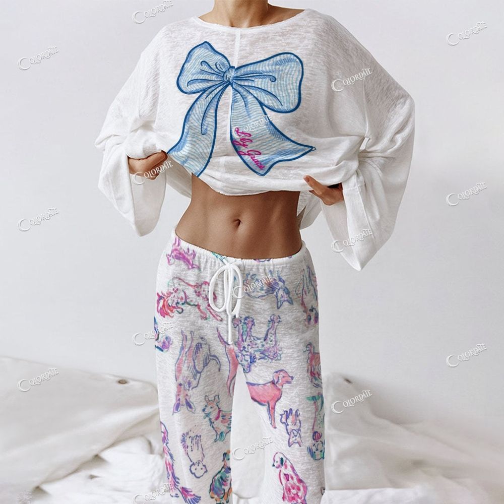 Women's Blue Bow Print Long Sleeve Cotton Homewear Set