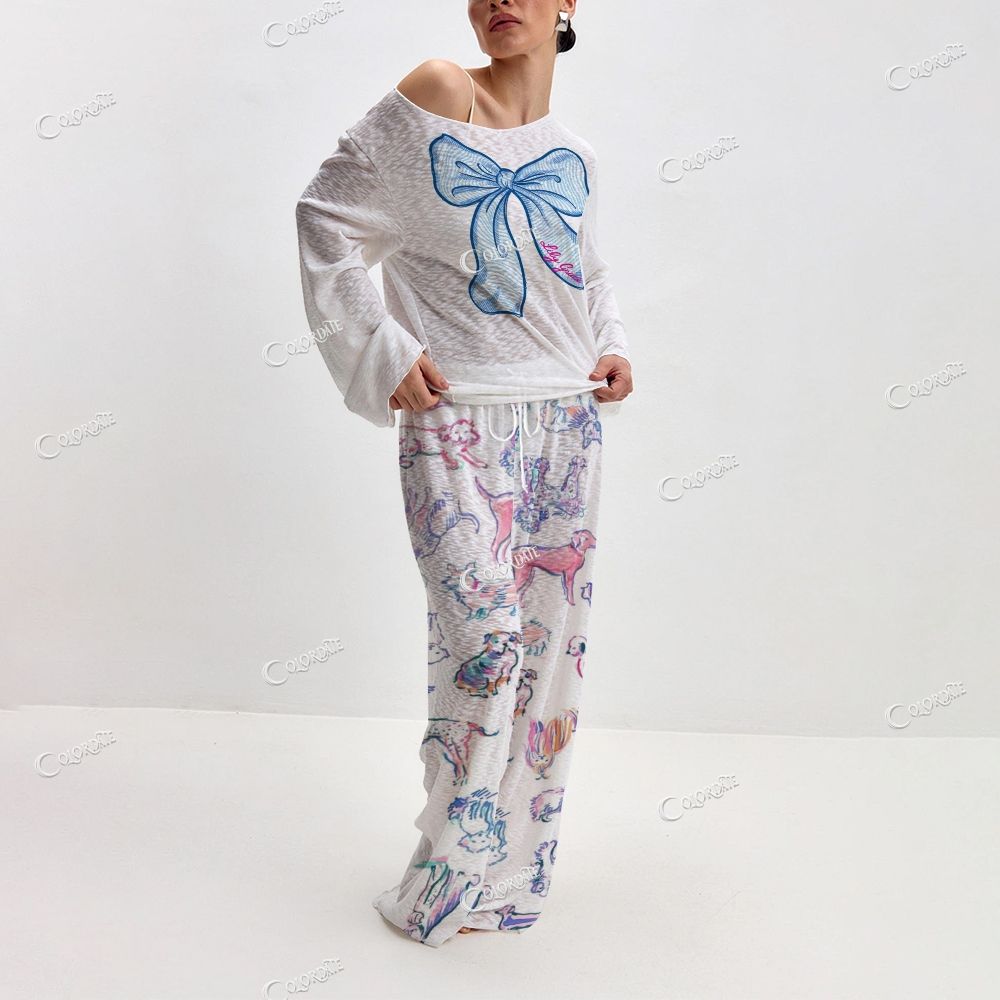 Women's Blue Bow Print Long Sleeve Cotton Homewear Set