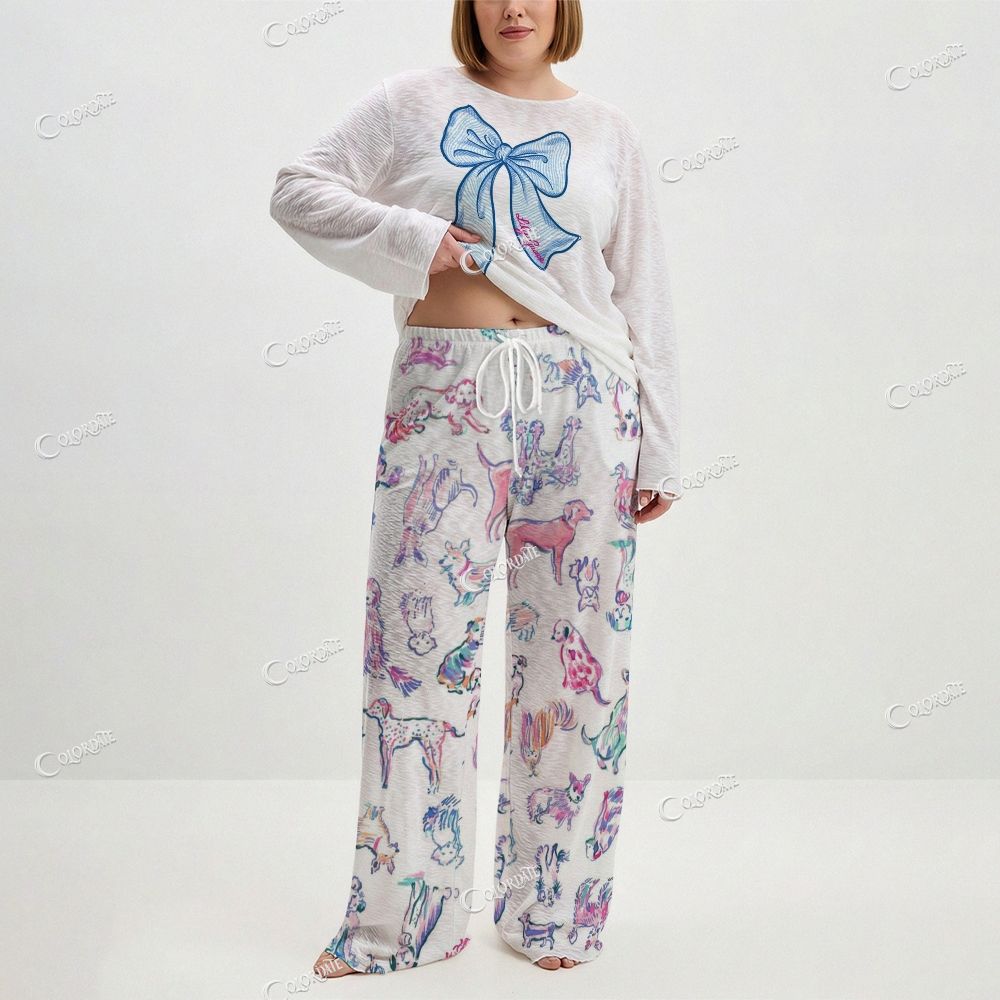 Women's Blue Bow Print Long Sleeve Cotton Homewear Set
