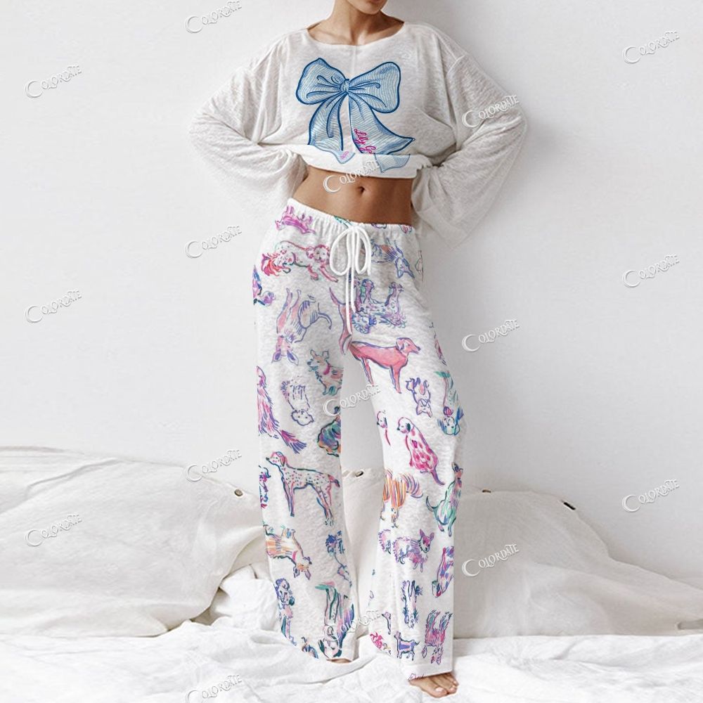 Women's Blue Bow Print Long Sleeve Cotton Homewear Set