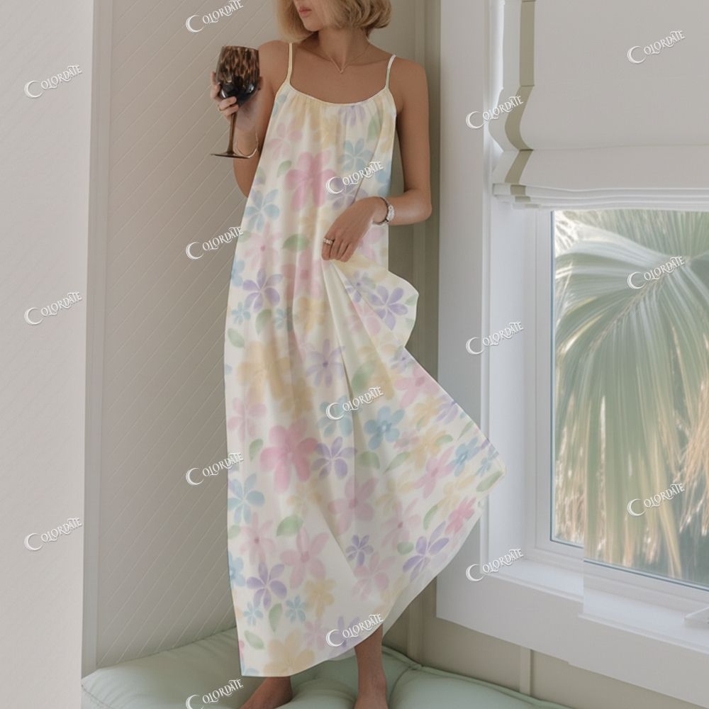 Watercolor Floral Long Neckline Pleated Nightgown