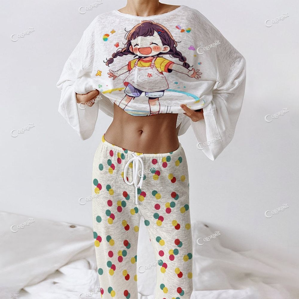 Women's Joyful Girl Print Long Sleeve Cotton Homewear Set