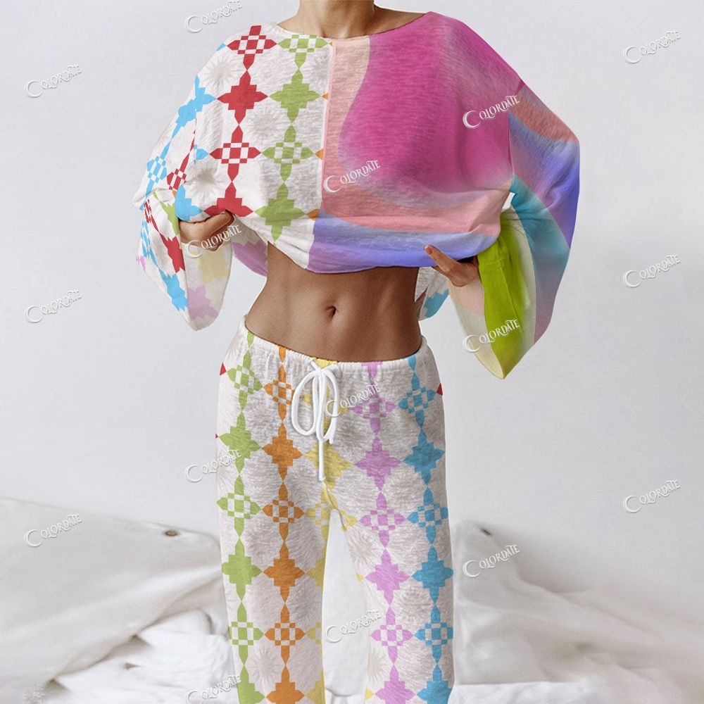 Women's Rainbow Clover Grid Print Long Sleeve Cotton Homewear Set
