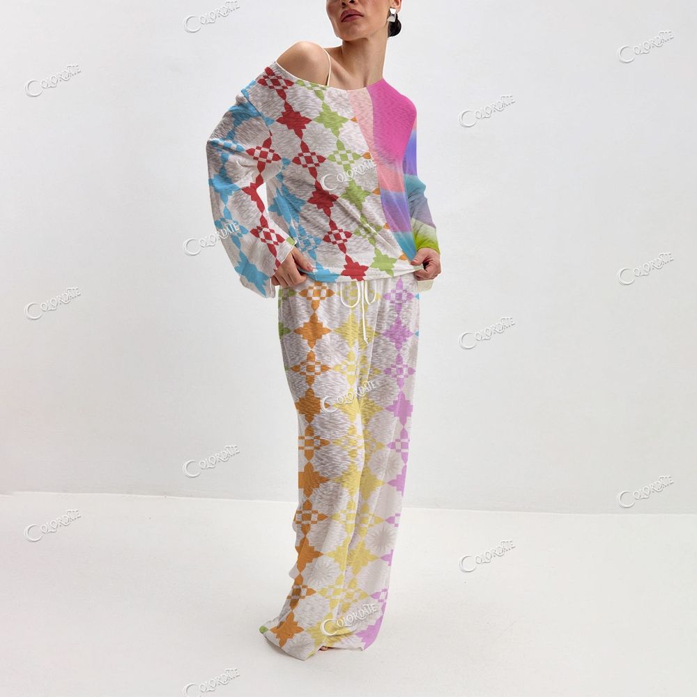 Women's Rainbow Clover Grid Print Long Sleeve Cotton Homewear Set