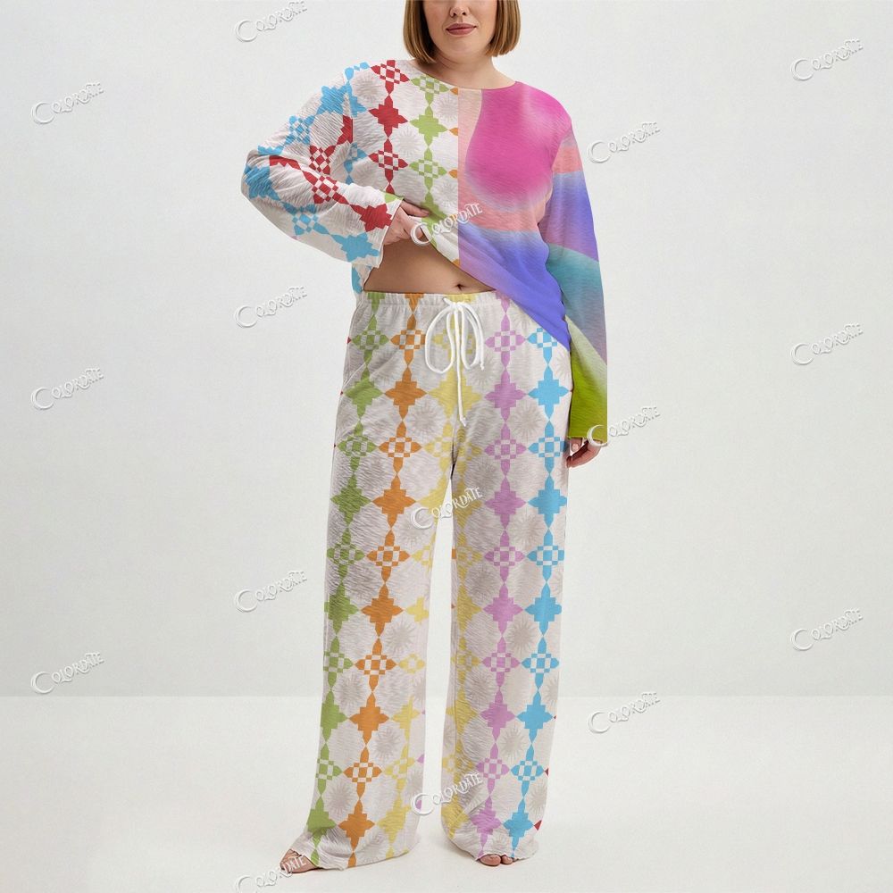 Women's Rainbow Clover Grid Print Long Sleeve Cotton Homewear Set