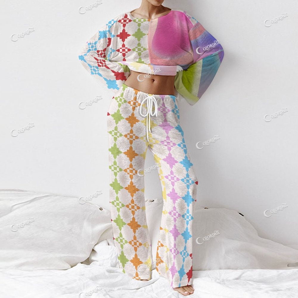 Women's Rainbow Clover Grid Print Long Sleeve Cotton Homewear Set