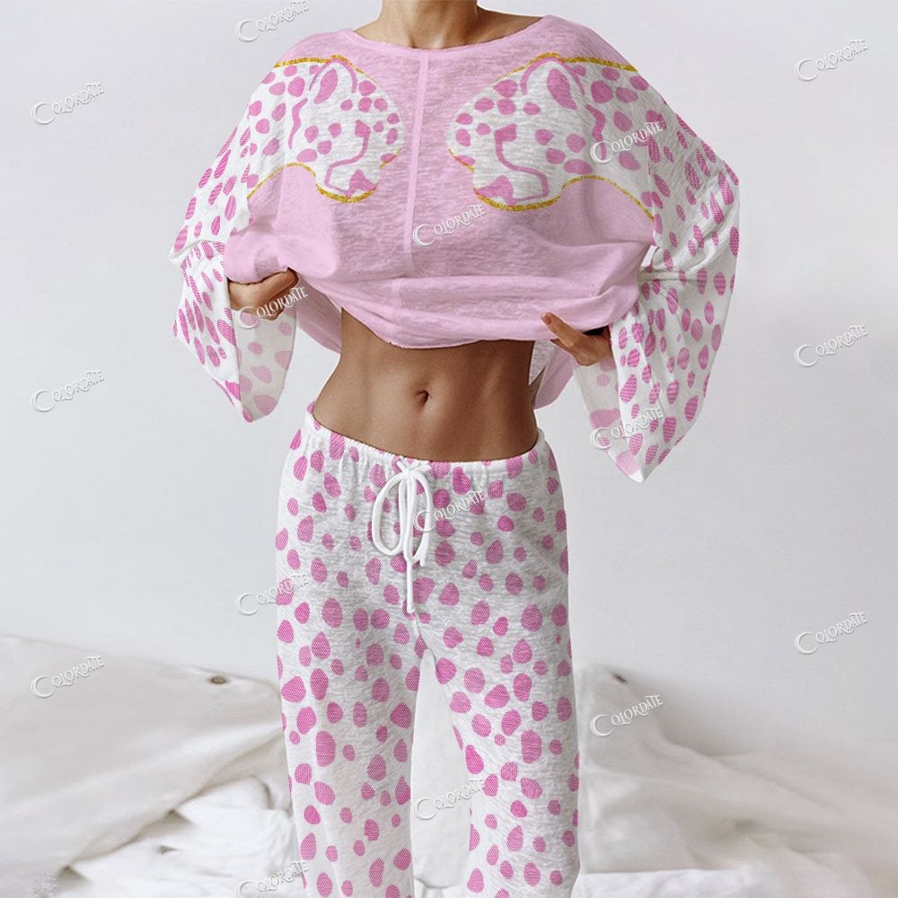 Women's Pink Leopard Print Long Sleeve Cotton Homewear Set