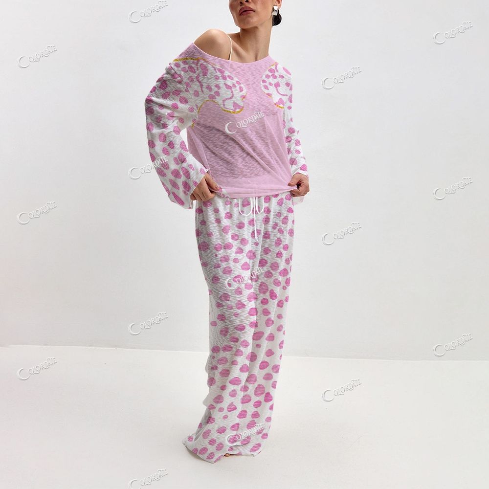 Women's Pink Leopard Print Long Sleeve Cotton Homewear Set