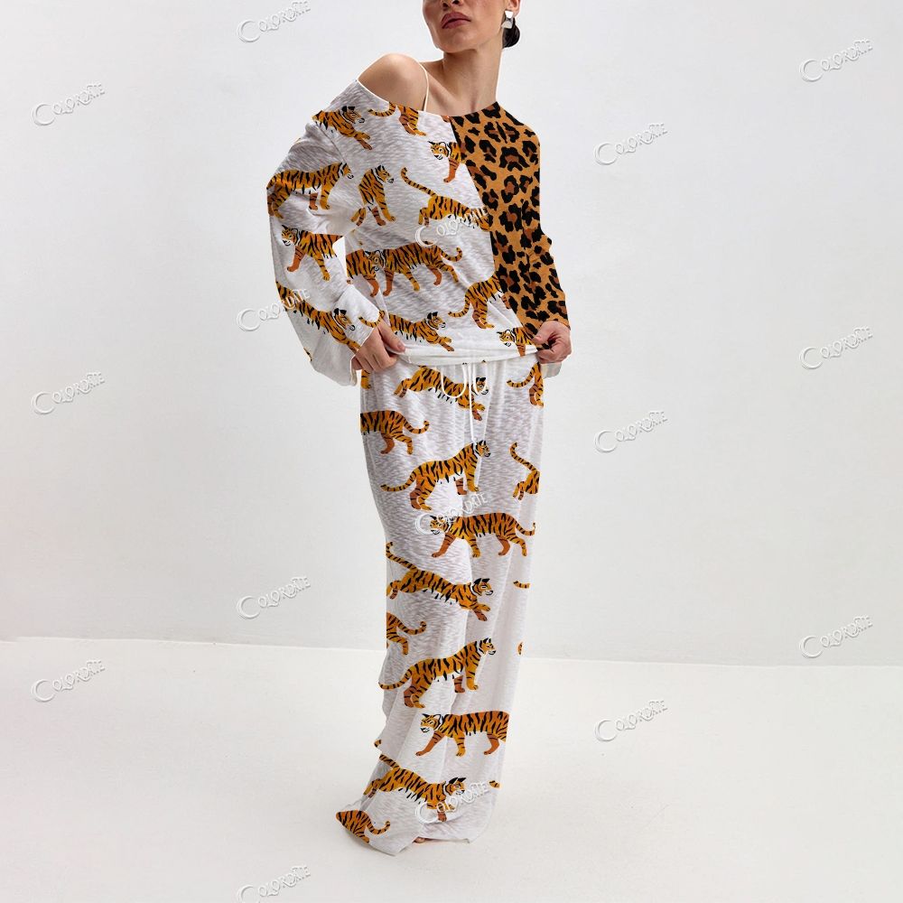 Women's Tiger & Leopard Print Long Sleeve Cotton Homewear Set