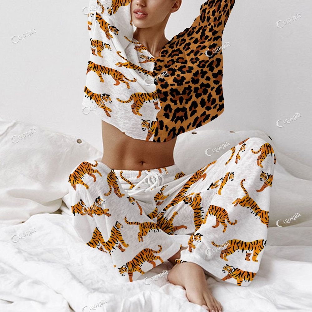 Women's Tiger & Leopard Print Long Sleeve Cotton Homewear Set