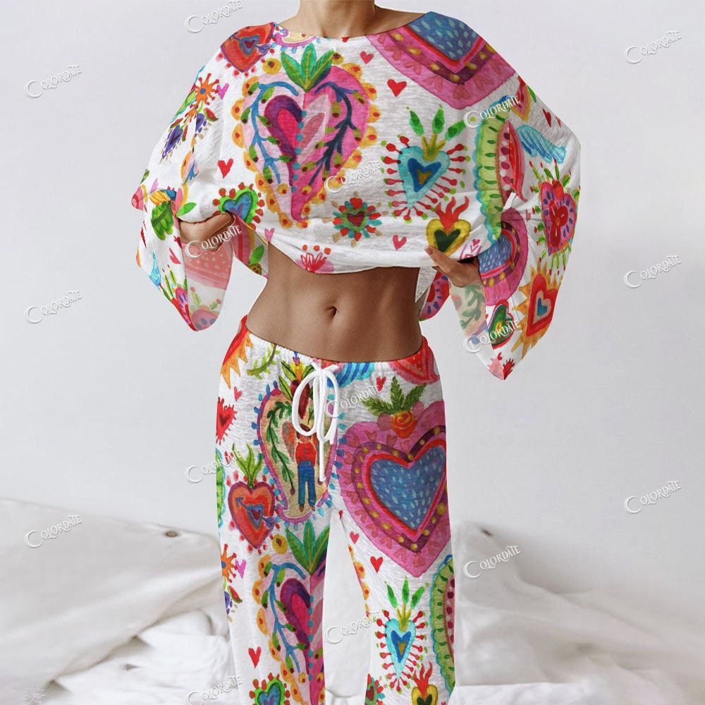 Women's Mexican Folk Heart Print Long Sleeve Cotton Homewear Set