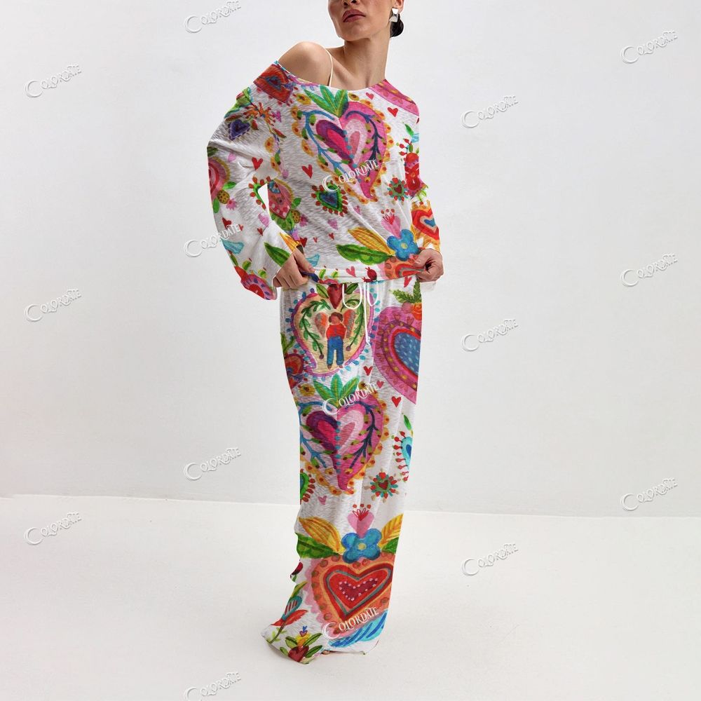 Women's Mexican Folk Heart Print Long Sleeve Cotton Homewear Set