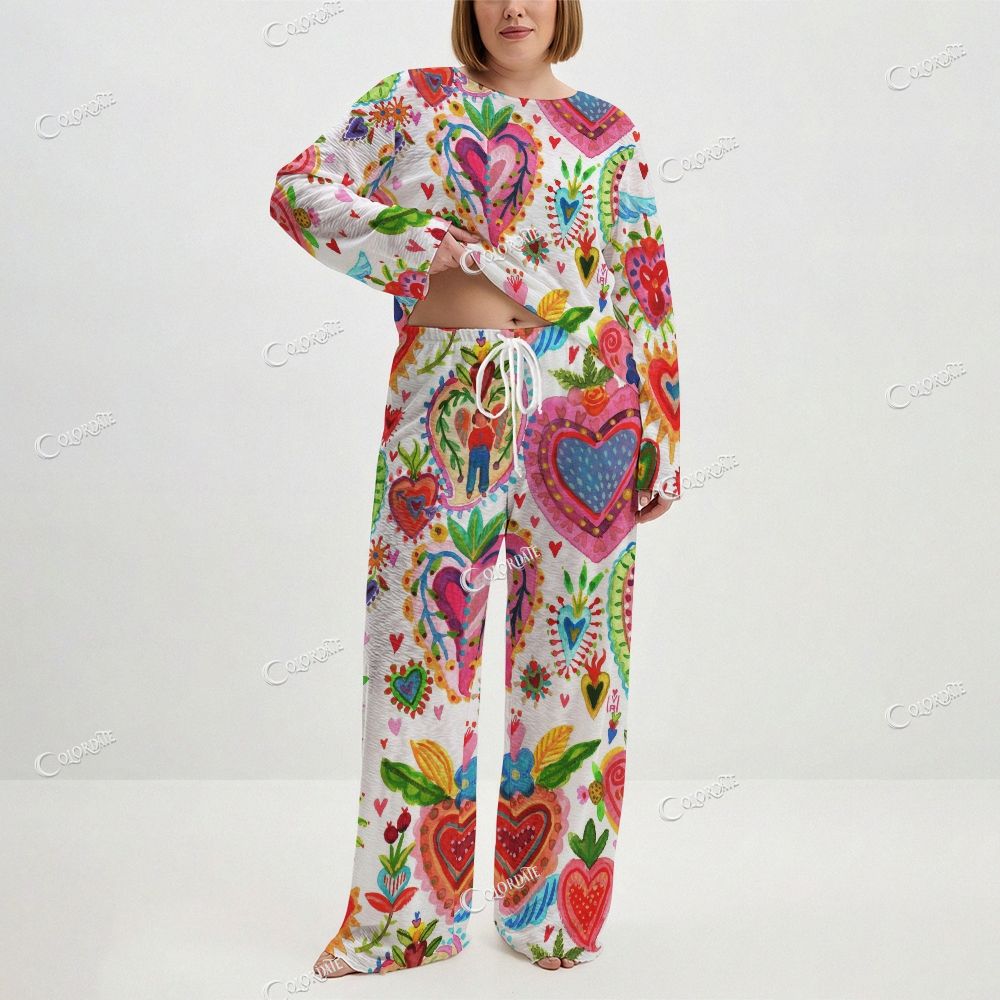 Women's Mexican Folk Heart Print Long Sleeve Cotton Homewear Set