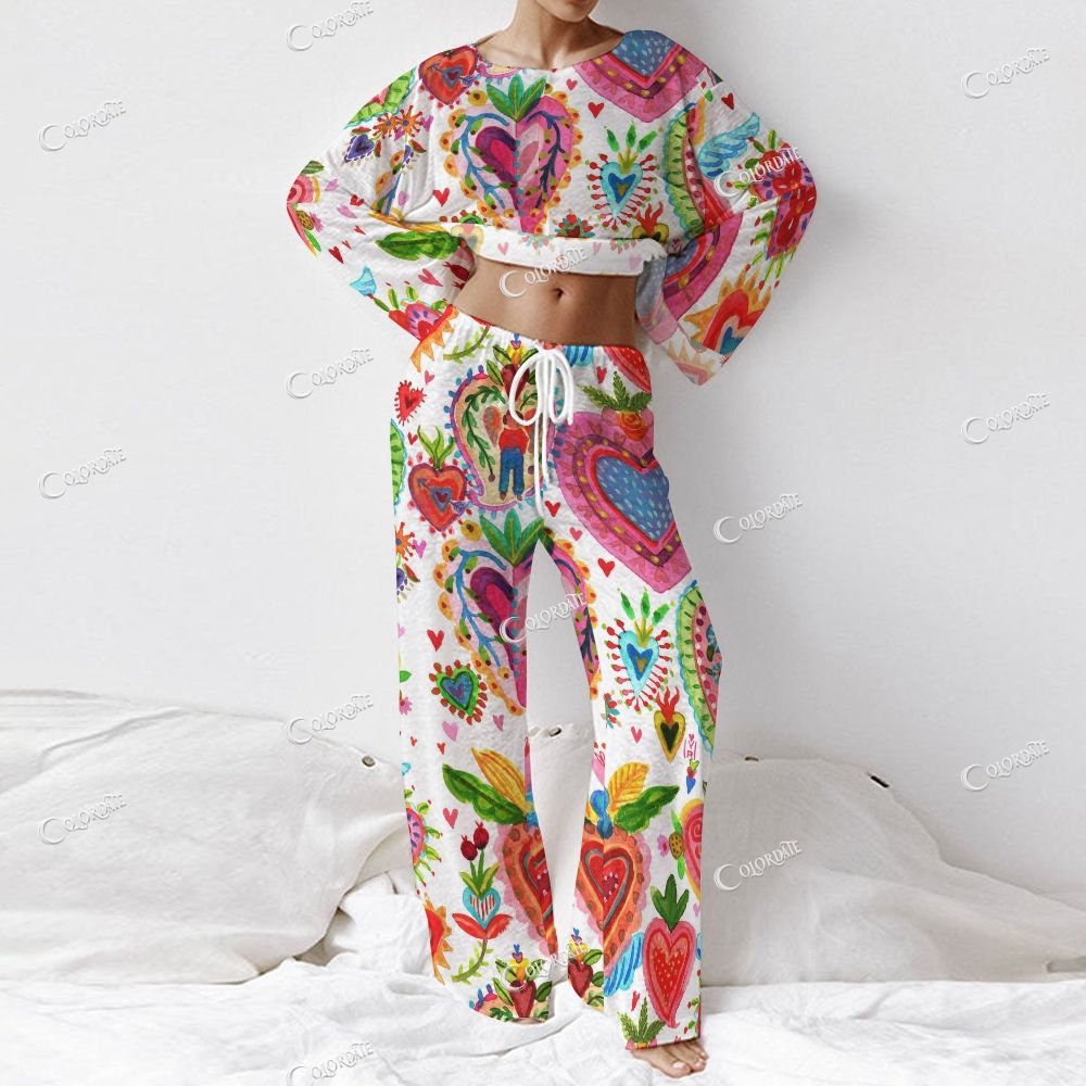 Women's Mexican Folk Heart Print Long Sleeve Cotton Homewear Set