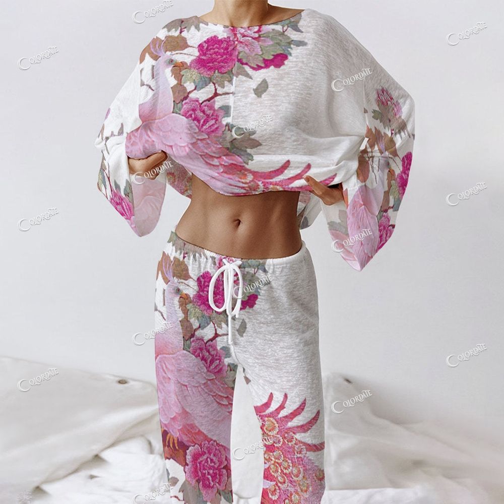 Women's Pink Peacock & Floral Print Long Sleeve Cotton Homewear Set
