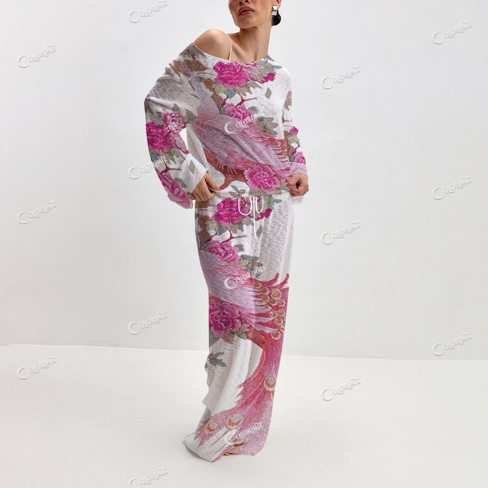 Women's Pink Peacock & Floral Print Long Sleeve Cotton Homewear Set