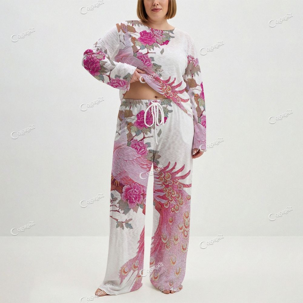 Women's Pink Peacock & Floral Print Long Sleeve Cotton Homewear Set