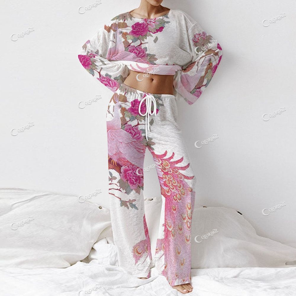 Women's Pink Peacock & Floral Print Long Sleeve Cotton Homewear Set