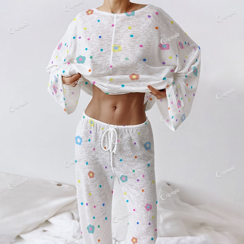 Women's Colorful Dots & Flowers Print Long Sleeve Cotton Homewear Set