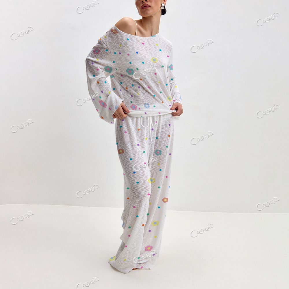 Women's Colorful Dots & Flowers Print Long Sleeve Cotton Homewear Set