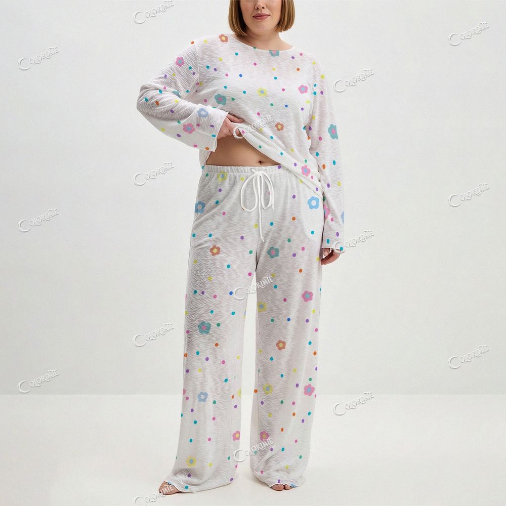 Women's Colorful Dots & Flowers Print Long Sleeve Cotton Homewear Set