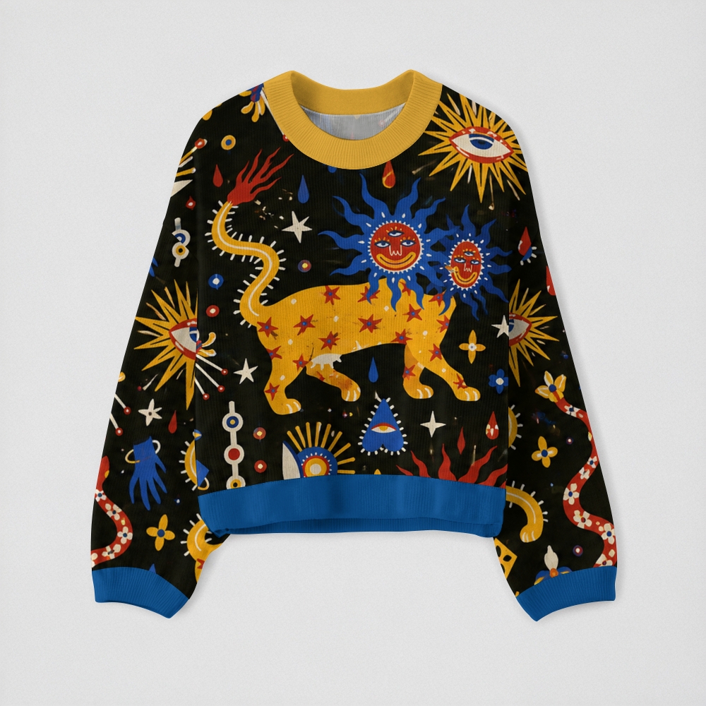 Folk Art Mythical Lion Sun All Seeing Eye Crew-Neck Long-Sleeve Top