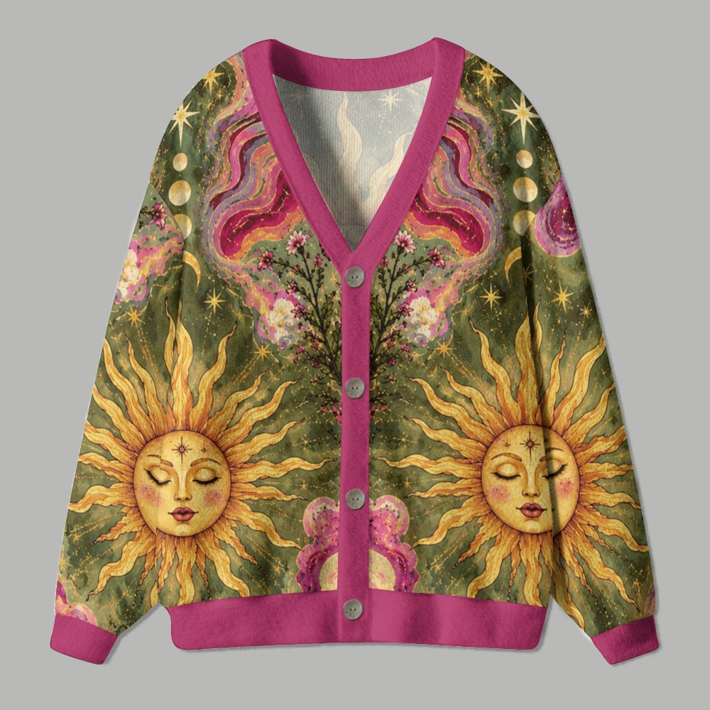 Vintage Celestial Sun Floral Witchy Ugly Cardigan Sweater 
