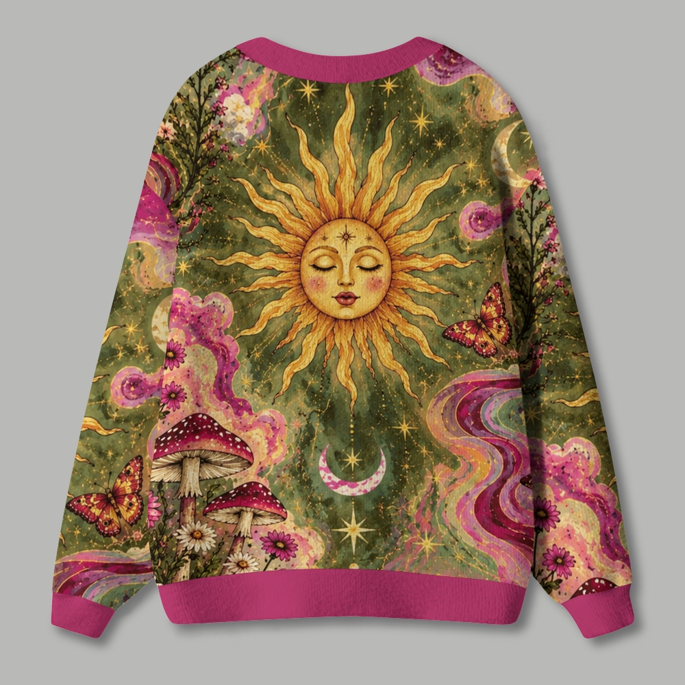 Vintage Celestial Sun Floral Witchy Ugly Cardigan Sweater 