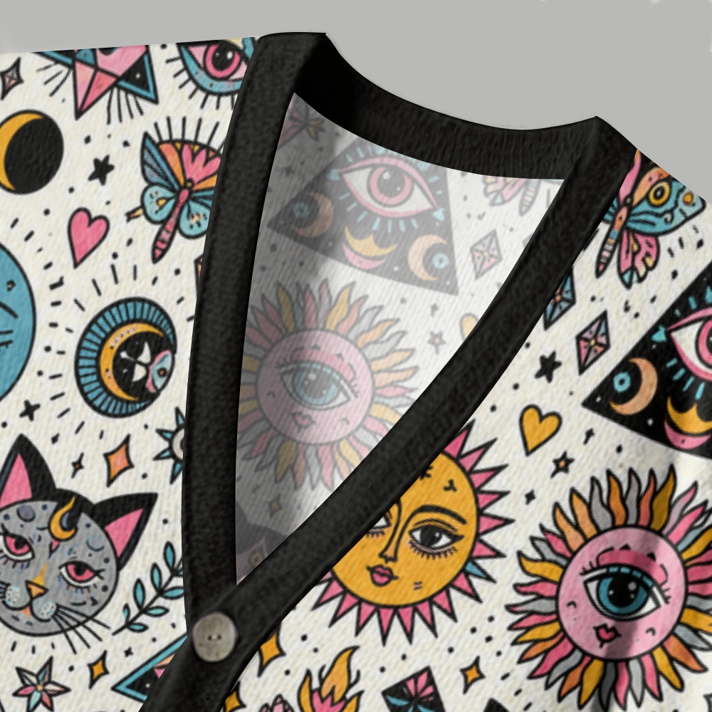 Mystic Boho Cat Celestial Eye Ugly Cardigan Sweater