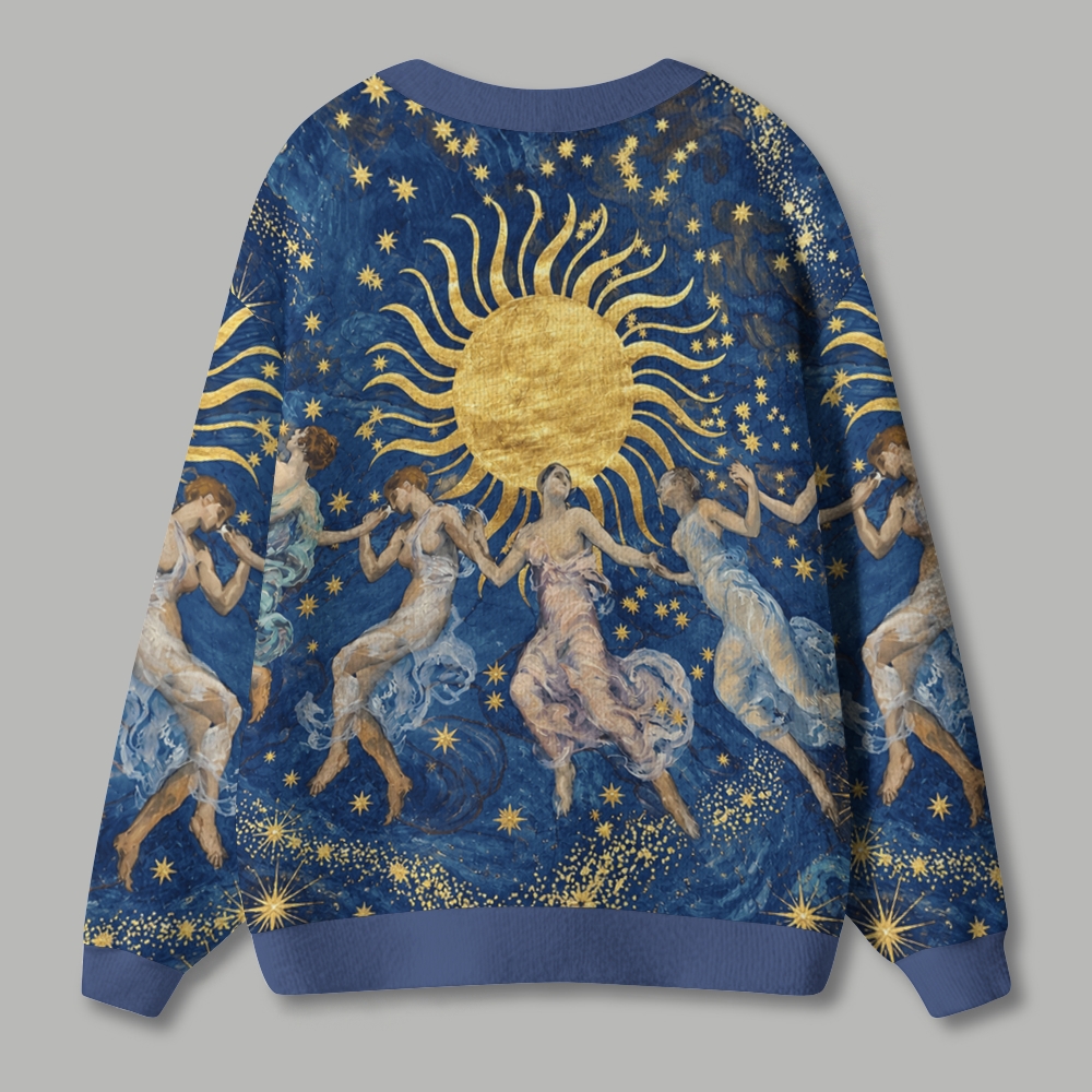 Renaissance Dancing Nymph Celestial Sun Star Ugly Cardigan Sweater