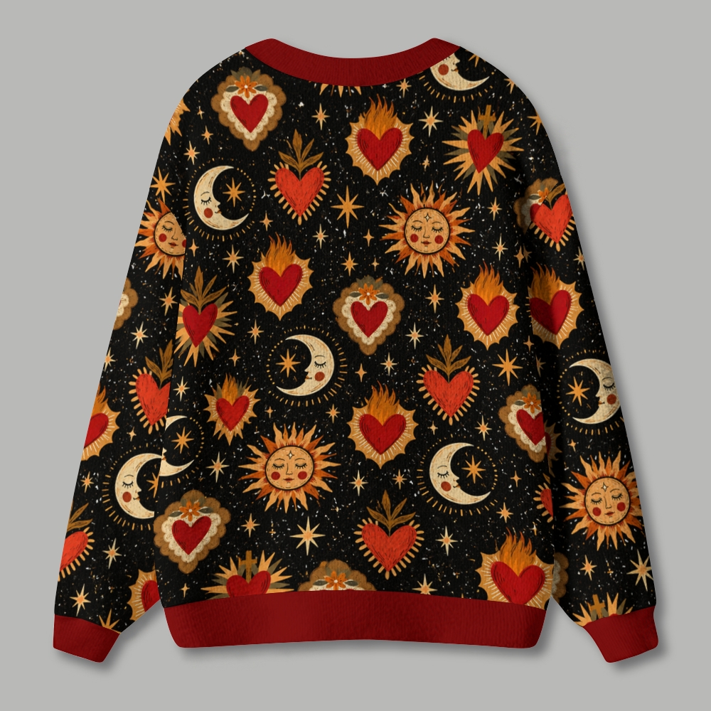 Sacred Heart Sun Moon Retro Folk Ugly Cardigan Sweater