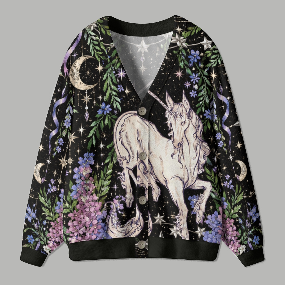 Lunar Floral Unicorn Starry Night Ugly Cardigan Sweater