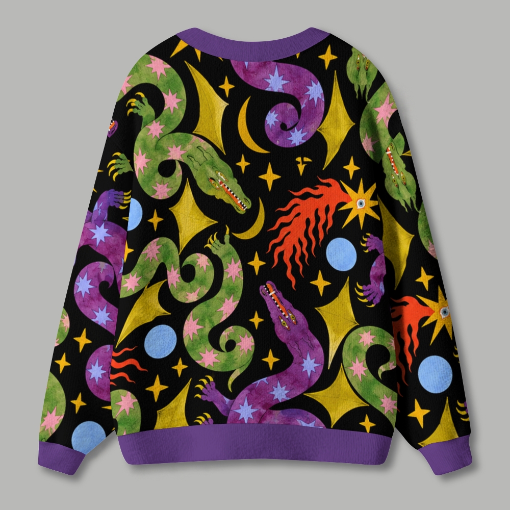 Whimsical Cosmic Crocodile Snake Celestial Ugly Cardigan Sweater