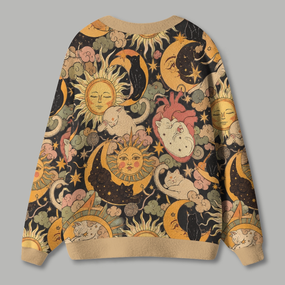 Vintage Celestial Cat Sun Moon Ugly Cardigan Sweater