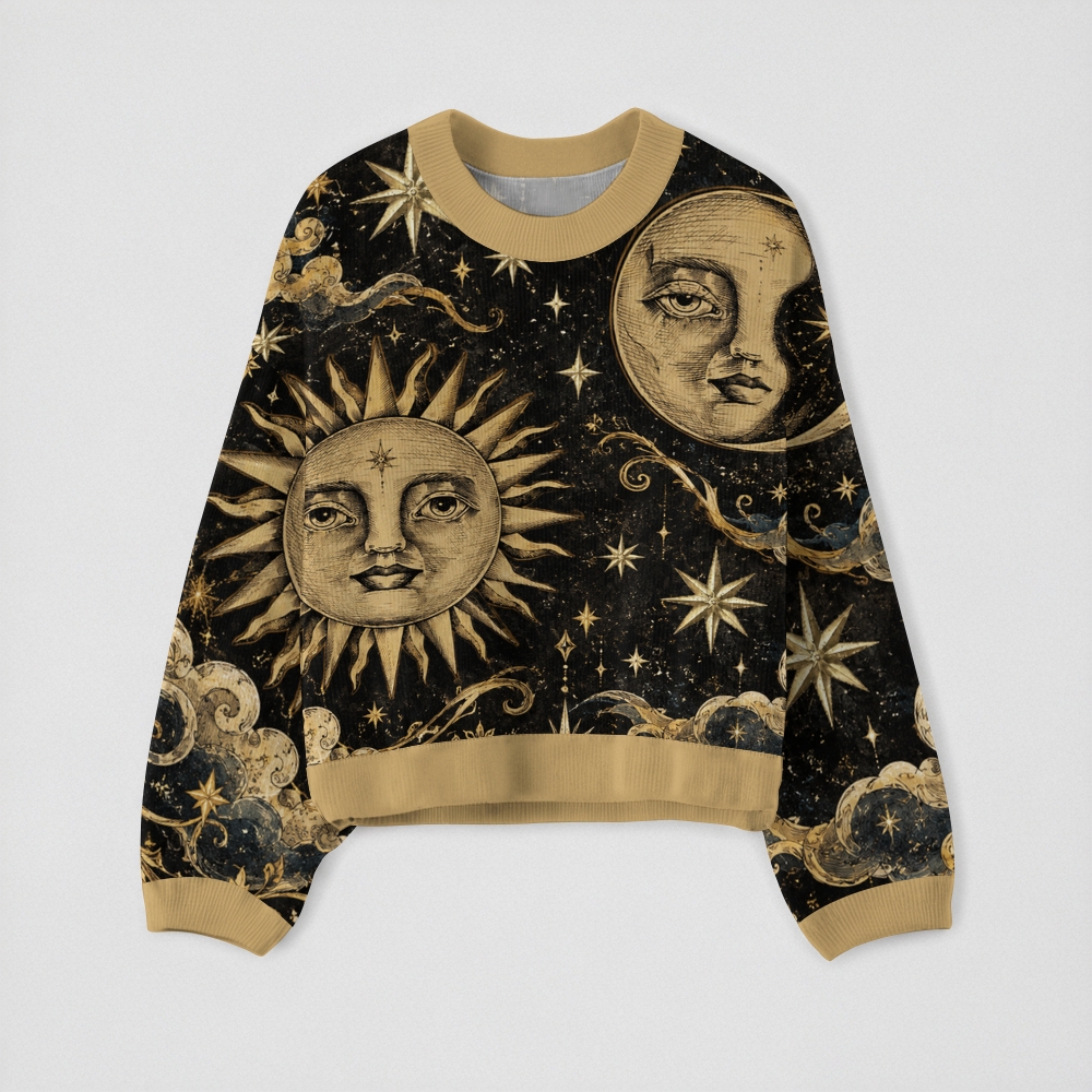 Antique Tarot Sun Moon Star Vintage Crew-Neck Long-Sleeve Top