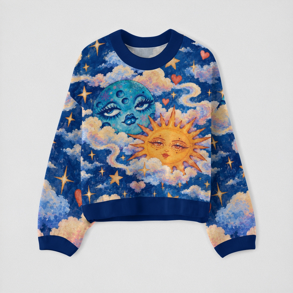 Cartoon Sun Moon Cloud Star Celestial Crew-Neck Long-Sleeve Top