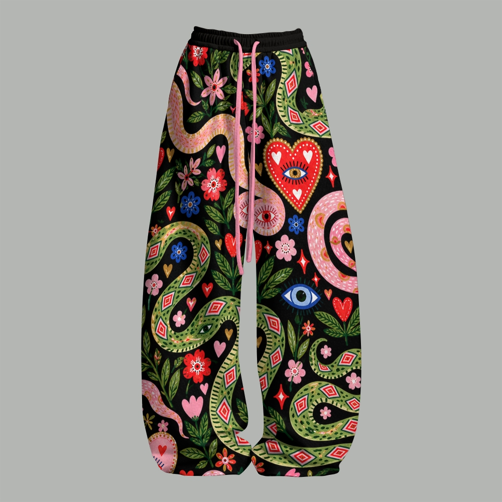 Boho Snake Heart Floral Evil Eye Top & Elasticated Trousers Two-Piece Set