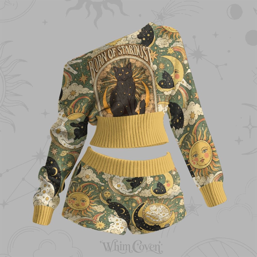 Mystical Tarot Cat Graphic One-Shoulder Sweater And Shorts Set