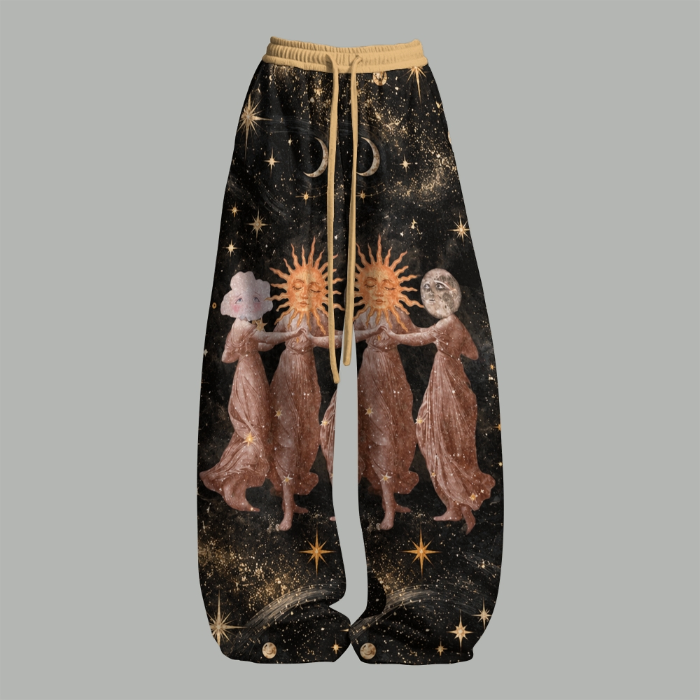 Vintage Celestial Goddess Sun Moon Star Top & Elasticated Trousers Two-Piece Set