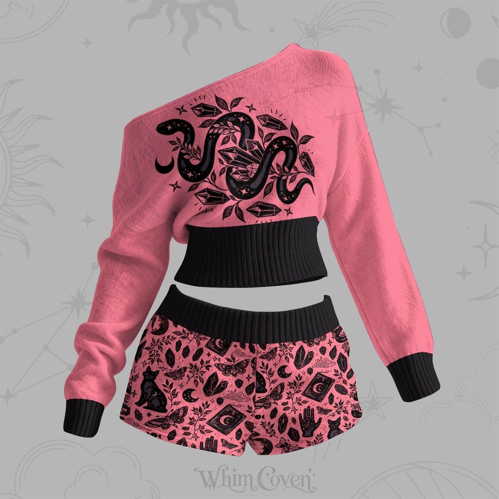 Pink Witchy Snake Crystal Tarot Hand Moon One-Shoulder Sweater And Shorts Set