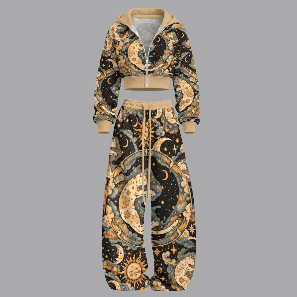 Vintage Tarot Style Sun Moon Cat Unisex Loose-Short zip-up sweatshirt set