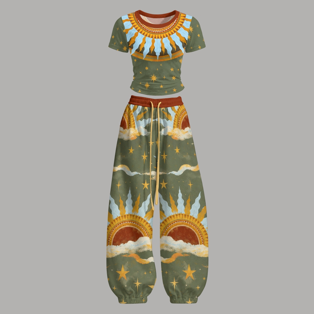 Boho Retro Sun Star CloudShort-sleeved jogger pants set