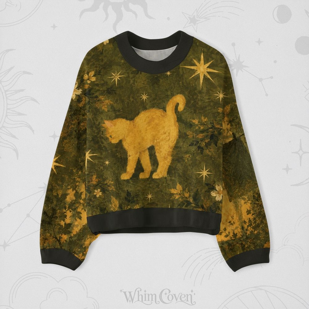 Vintage Forest Cat Art Print Crew-Neck Long-Sleeve Top