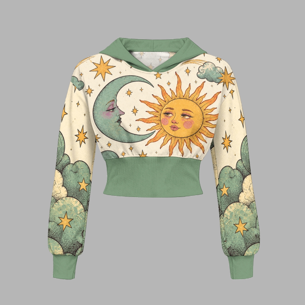 Vintage Celestial Sun Moon Star Slim-Fit Sweatshirt Set