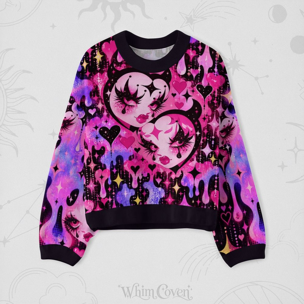 Gothic Fantasy Face Heart Crew-Neck Long-Sleeve Top 