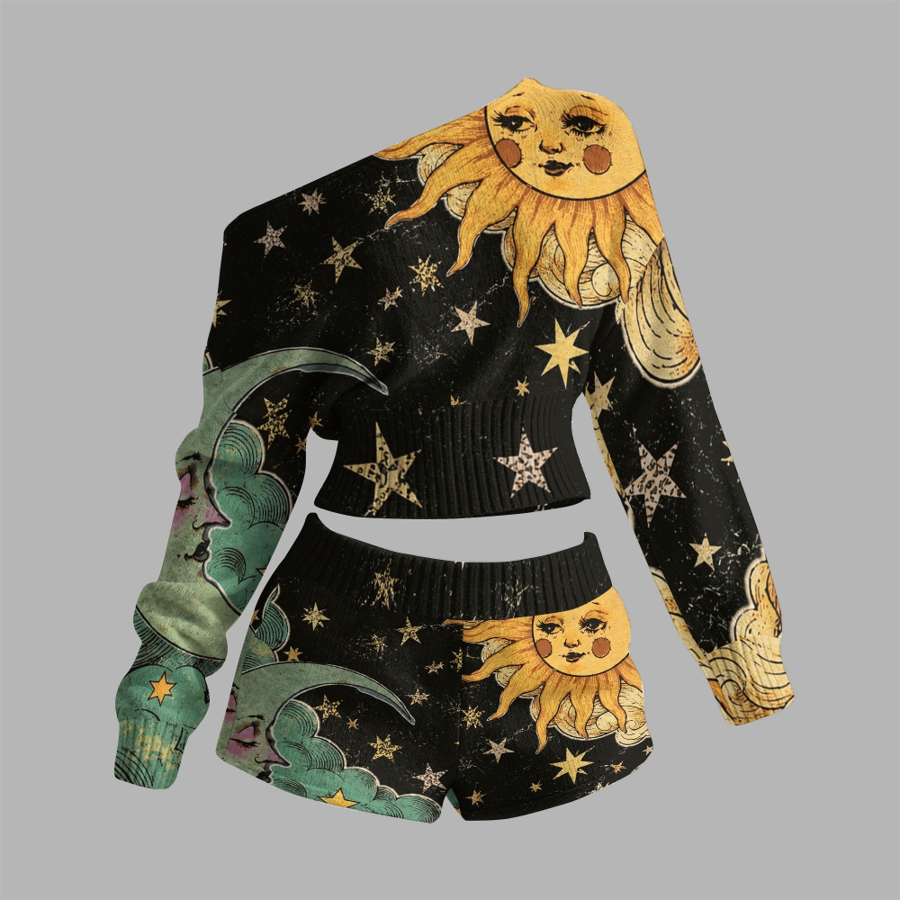  Celestial Sun Moon Face Star Cloud One-shoulder sweater and shorts set